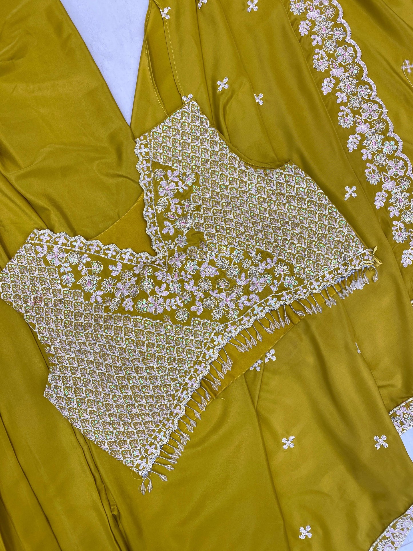 Olive green crepe blouse, skirt and shrug ensemble perfect for wedding and reception looks – WishTown Fashion Club