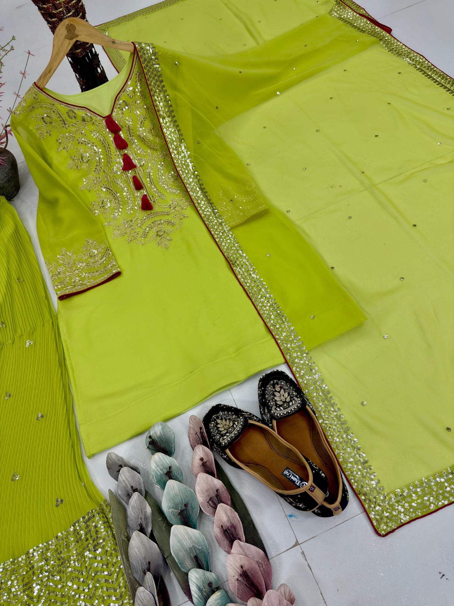 Olive green embroidered sharara outfit with fully stitched top and matching dupatta – WishTown Fashion Club