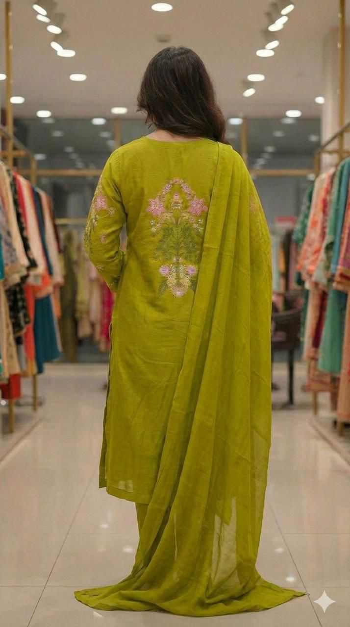 Olive green ethnic cotton straight suit set for festive and daily wear - WishTown Fashion Club
