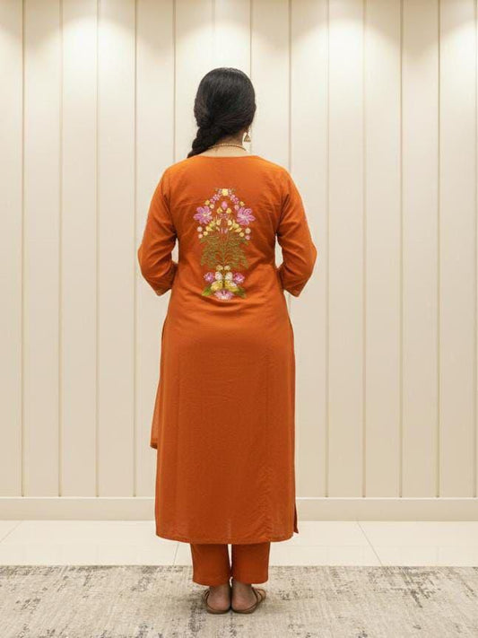Orange cotton kurta pant dupatta set with floral embroidery and mirror work - WishTown Fashion Club