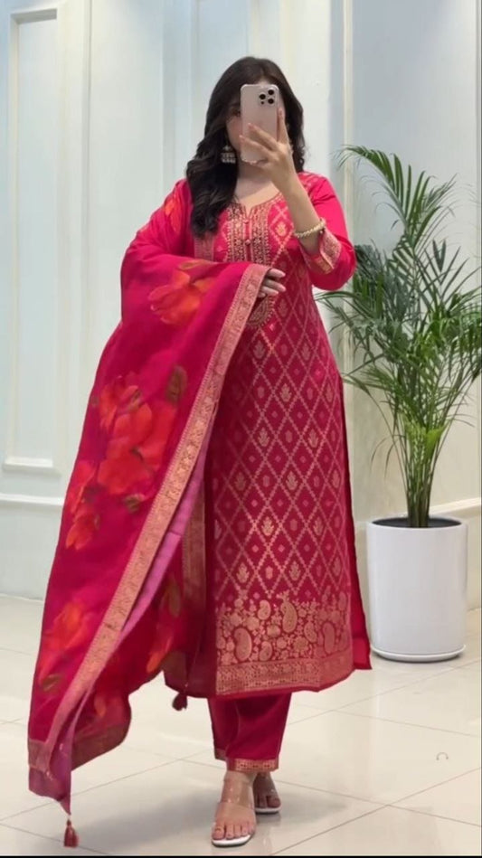 Dark pink Banarasi silk suit with zari smoothing work detailed look - WishTown Fashion Club