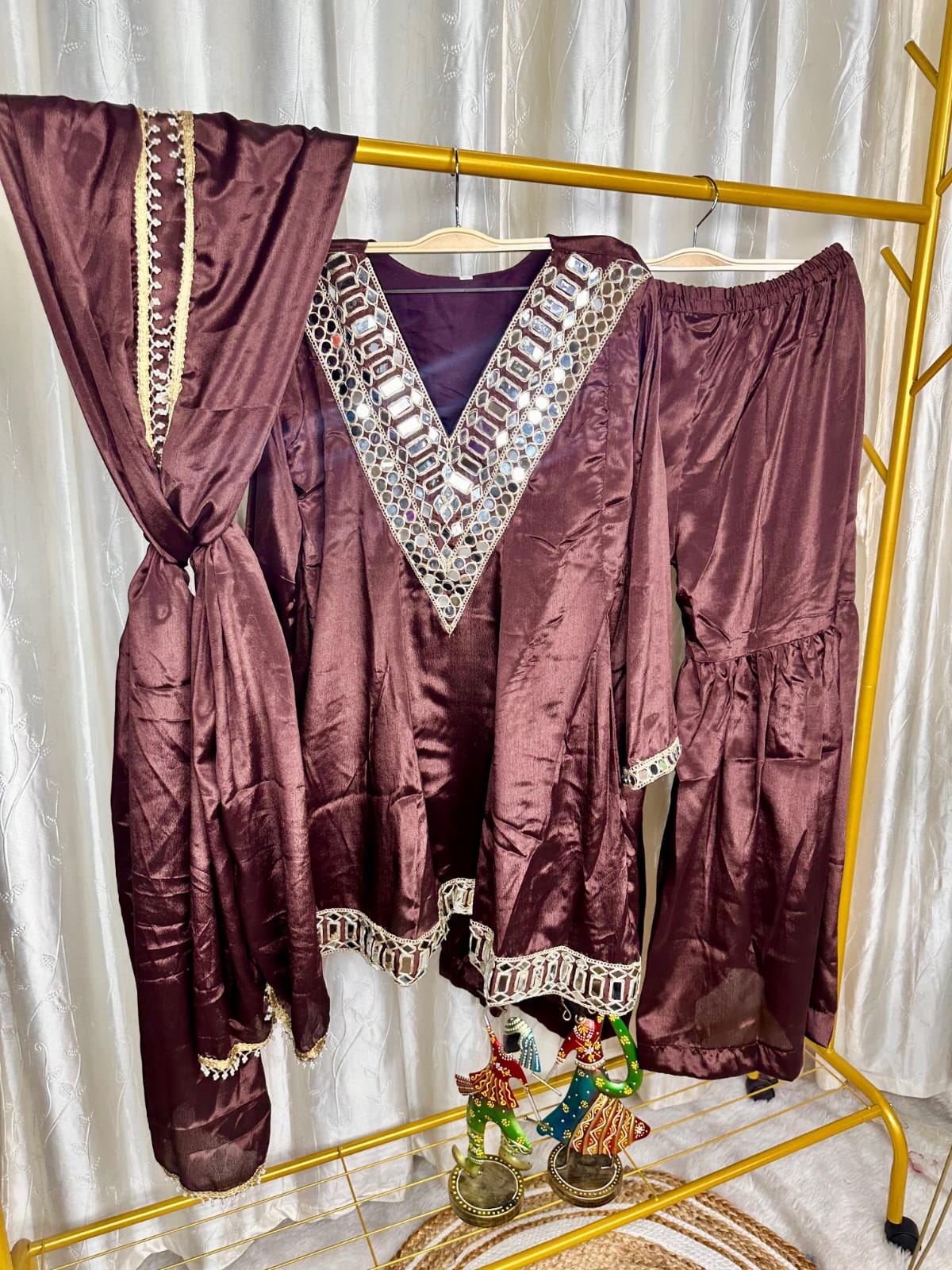 Wine festive peplum suit set with designer embroidered yoke - WishTown Fashion Club