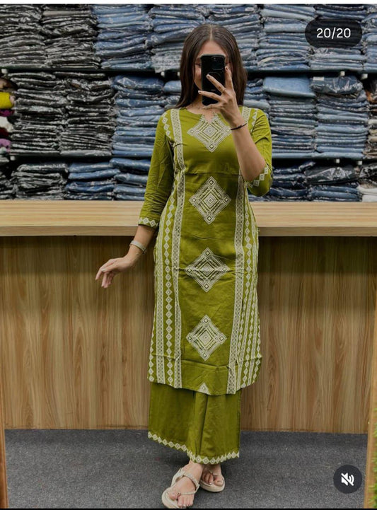 olive green cotton kurti set with embroidered yoke and stylish plazzo outfit - WishTown Fashion Club
