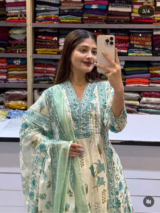 sea green anarkali kurti plazzo set with dupatta and heavy handwork elegant outfit - WishTown Fashion Club