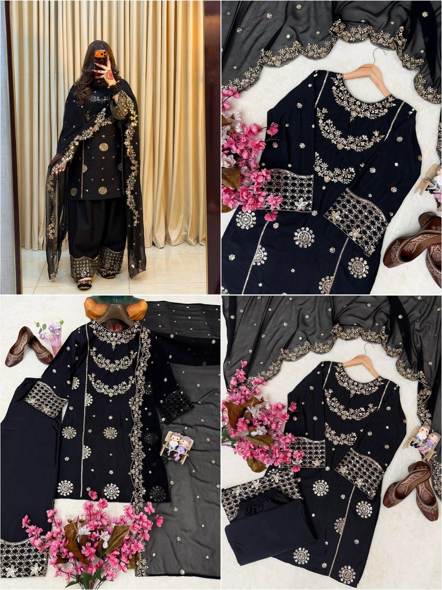 Front view of full three piece ethnic outfit featuring short tunic and wide leg trousers with shimmering embellishments.