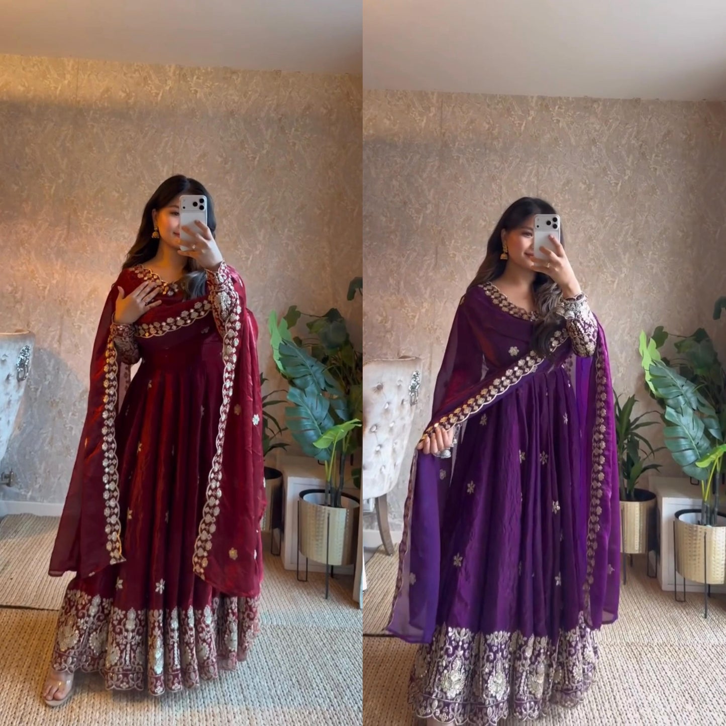 Complete flat layout display of the designer maroon traditional suit highlighting the three component pieces including gown trousers and long scarf.