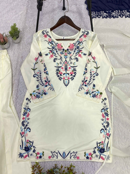 Crape Silk Embroidered Plazzo Suit