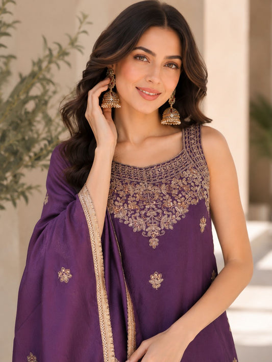 Close up view of detailed embroidery and sequence work on purple Rangoli crush fabric top bodice - WishTown Fashion Club