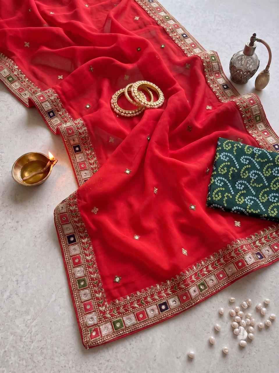 Faux Georgette Mirror Work Saree