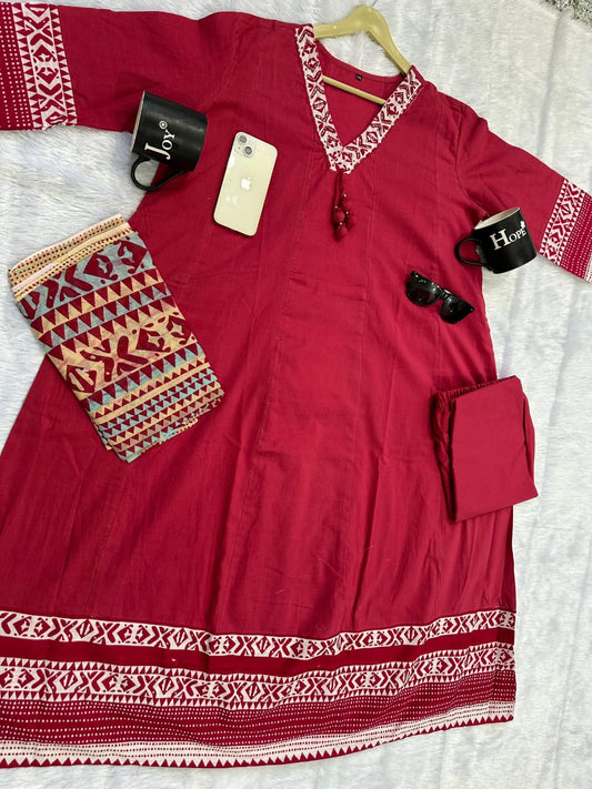 maroon cotton anarkali suit with embroidered yoke and elegant design - WishTown Fashion Club