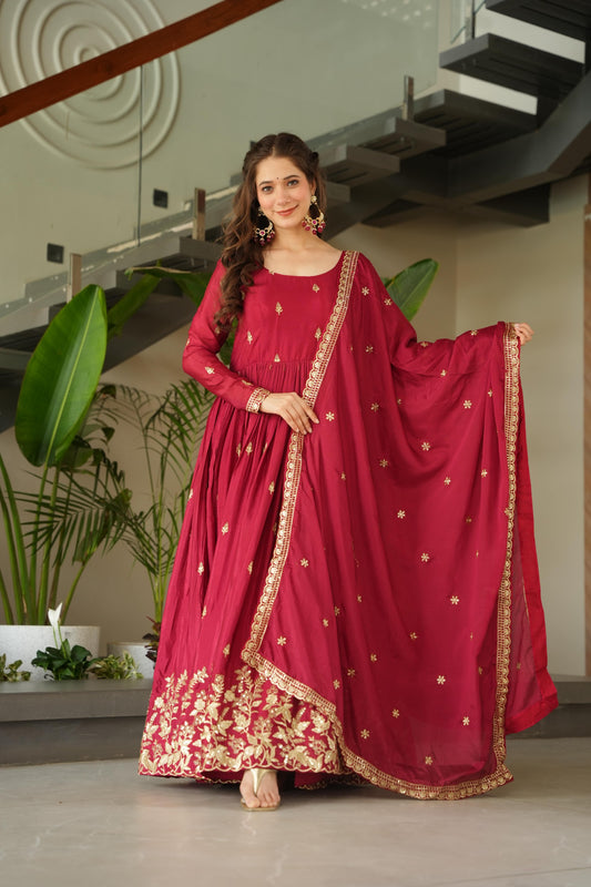 Maroon Chinon designer gown with embroidery zari sequins work and full sleeves festive wear - WishTown Fashion Club