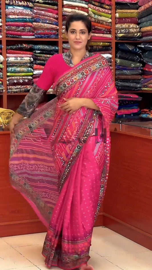 Pink heavy natural silk ready-to-wear saree with fancy digital print and real mirror handwork front view - WishTown Fashion Club