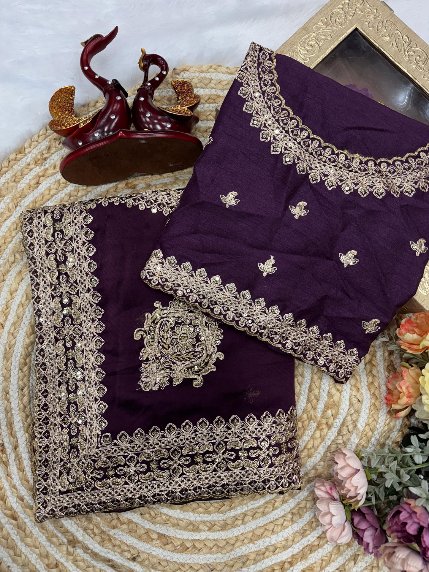 Rich wine saree crafted in Rangoli silk showing detailed sequins and dori work drape - WishTown Fashion Club