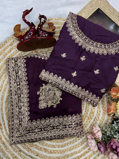 Rich wine saree crafted in Rangoli silk showing detailed sequins and dori work drape - WishTown Fashion Club