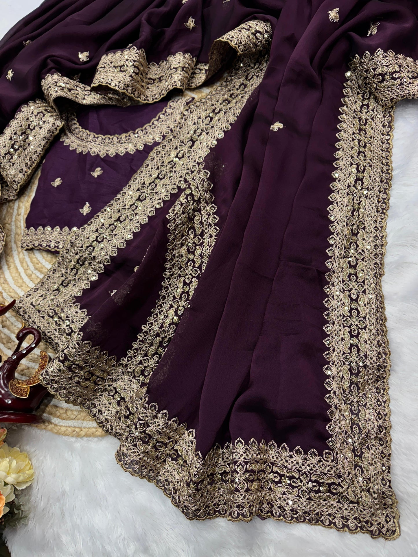 Detailed embroidery view of sequins and dori work on wine saree premium festive fashion - WishTown Fashion Club