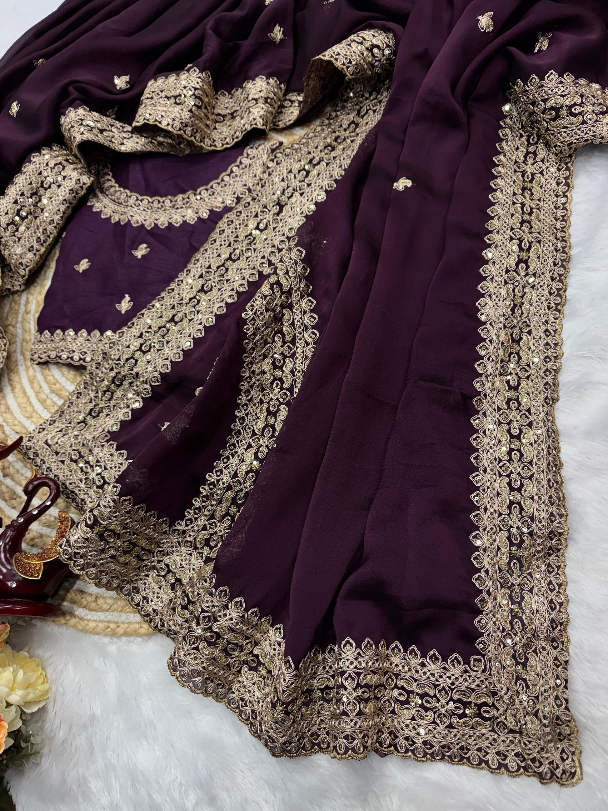 Detailed embroidery view of sequins and dori work on wine saree premium festive fashion - WishTown Fashion Club