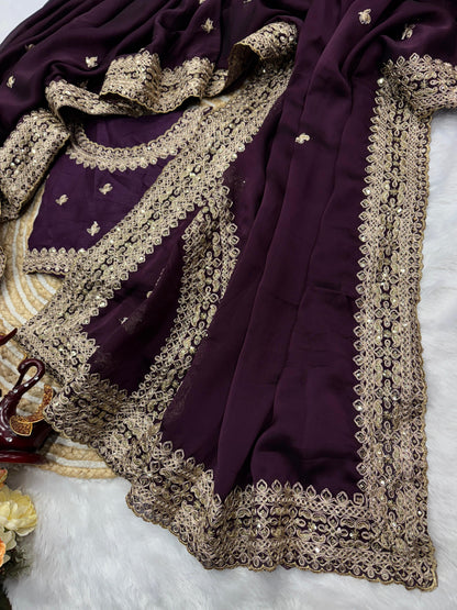 Detailed embroidery view of sequins and dori work on wine saree premium festive fashion - WishTown Fashion Club