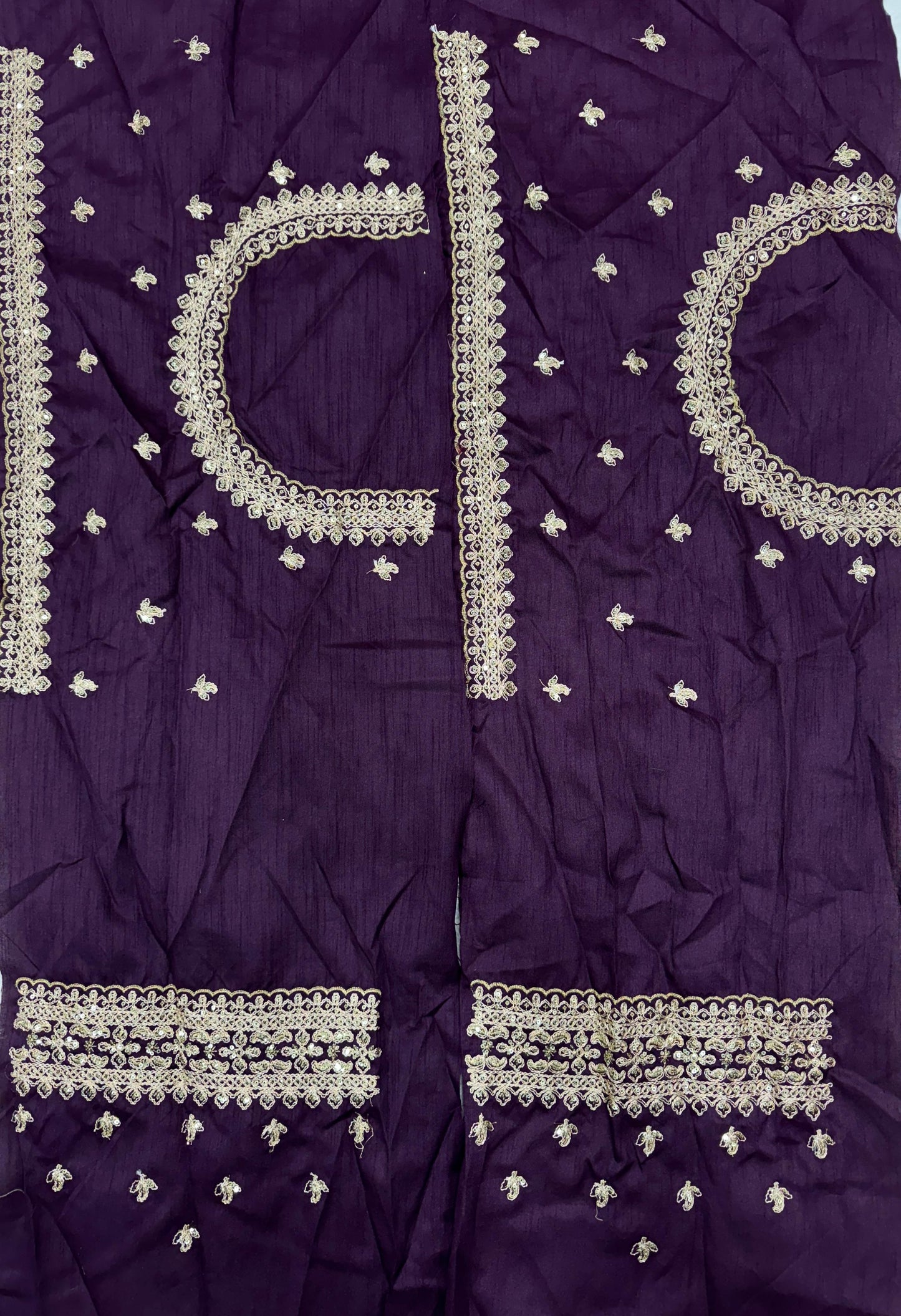 Flat lay of wine Rangoli silk saree and embroidered Banglori silk blouse complete set - WishTown Fashion Club