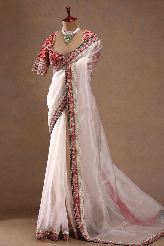 Off-white Space Silk saree with dual sequins and cording embroidery elegant festive front view - WishTown Fashion Club
