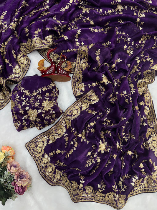 Purple Space Silk saree with sequins and zari embroidery elegant festive front view - WishTown Fashion Club