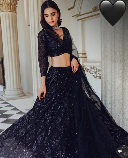 Black georgette lehenga with sequins and dori embroidery front view - WishTown Fashion Club
