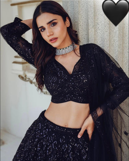 Black wedding wear lehenga set detailed embroidery and fabric texture - WishTown Fashion Club