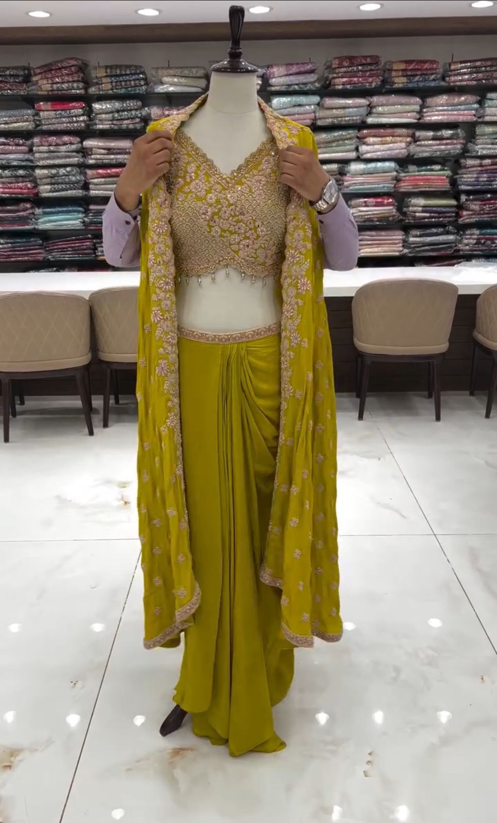 Olive green wedding wear blouse skirt shrug set with premium sequin work – WishTown Fashion Club