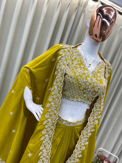 Stylish olive green French crepe skirt set with embroidered blouse and flowy shrug – WishTown Fashion Club