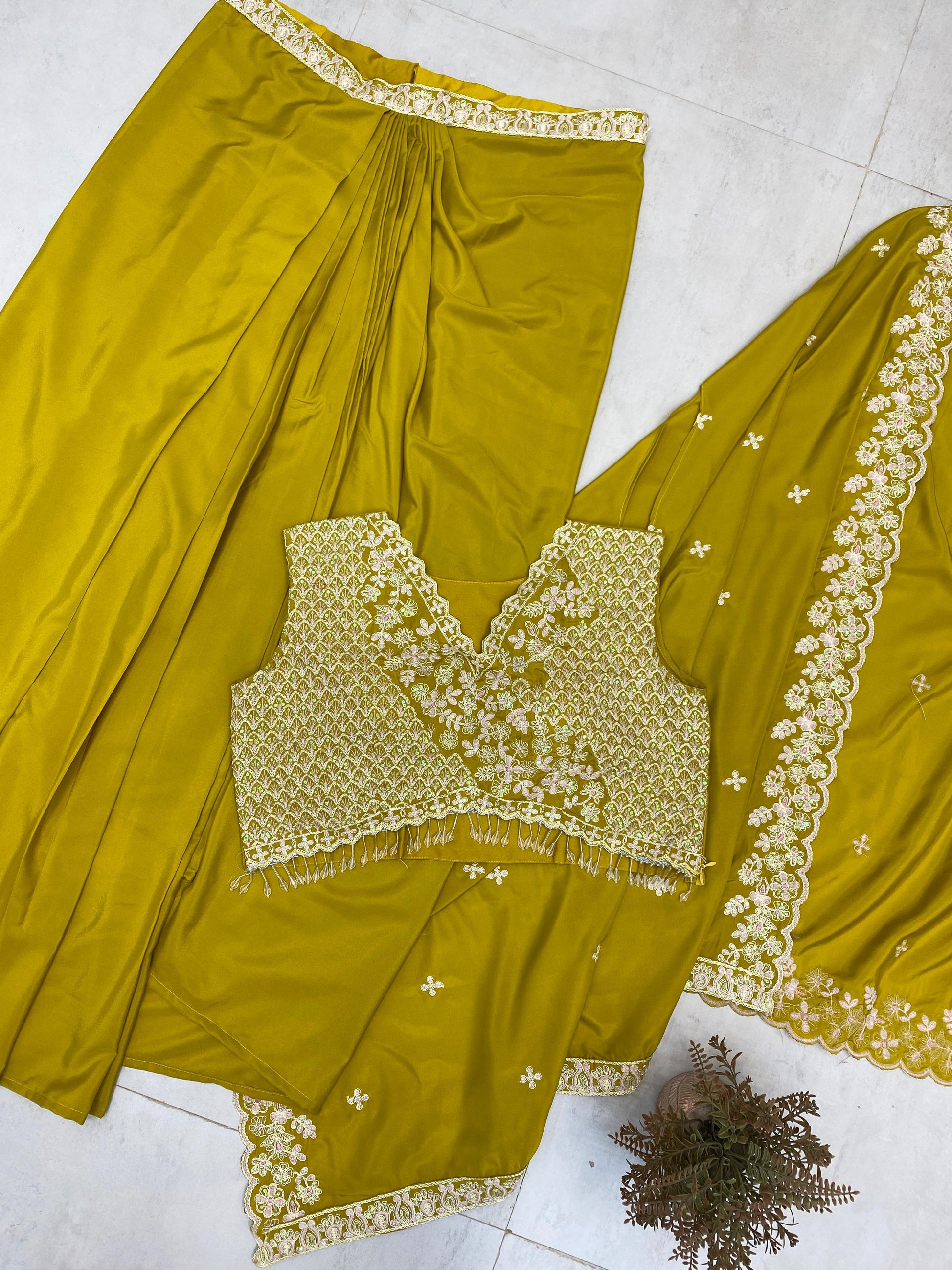 Women’s olive green cocktail party outfit with sequin embroidered blouse and stitched skirt – WishTown Fashion Club