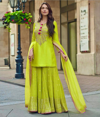 Olive green wedding wear sharara outfit with sequin-embroidered top and flowy sharara – WishTown Fashion Club