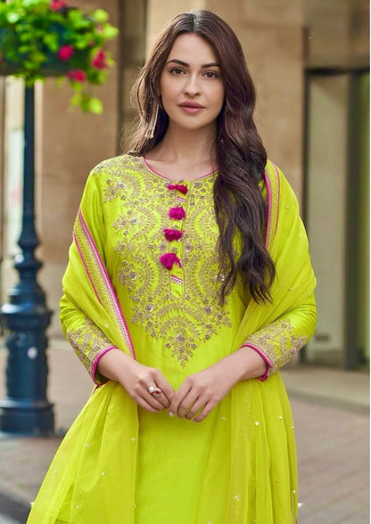Elegant olive green embroidered top with fully stitched sharara and net dupatta – WishTown Fashion Club