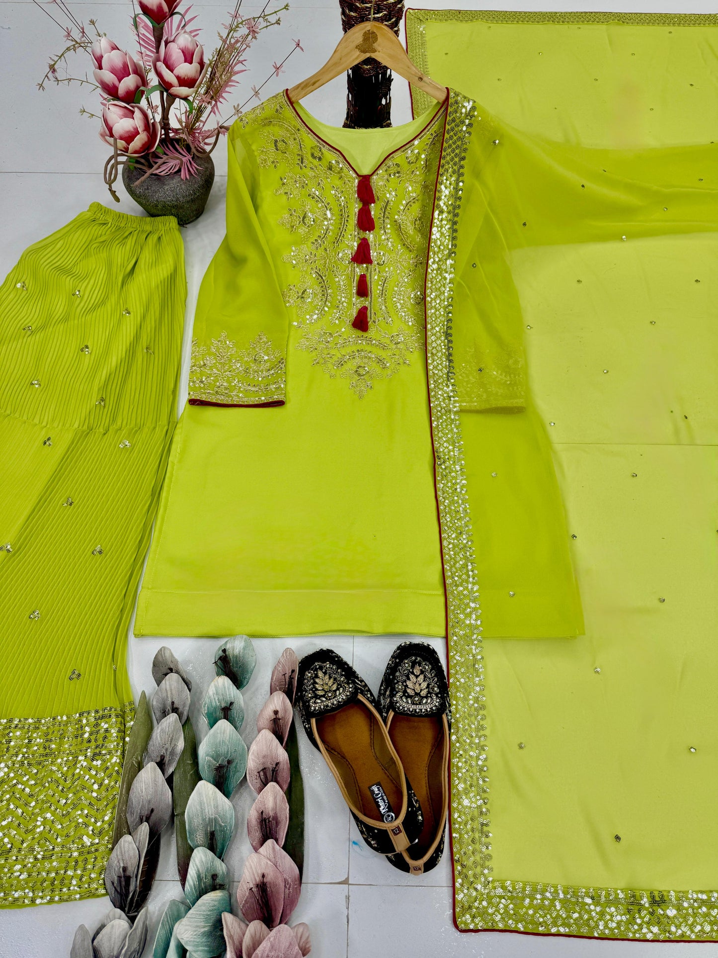 Olive green festive wear embroidered sharara set with stylish sequin work blouse and dupatta – WishTown Fashion Club