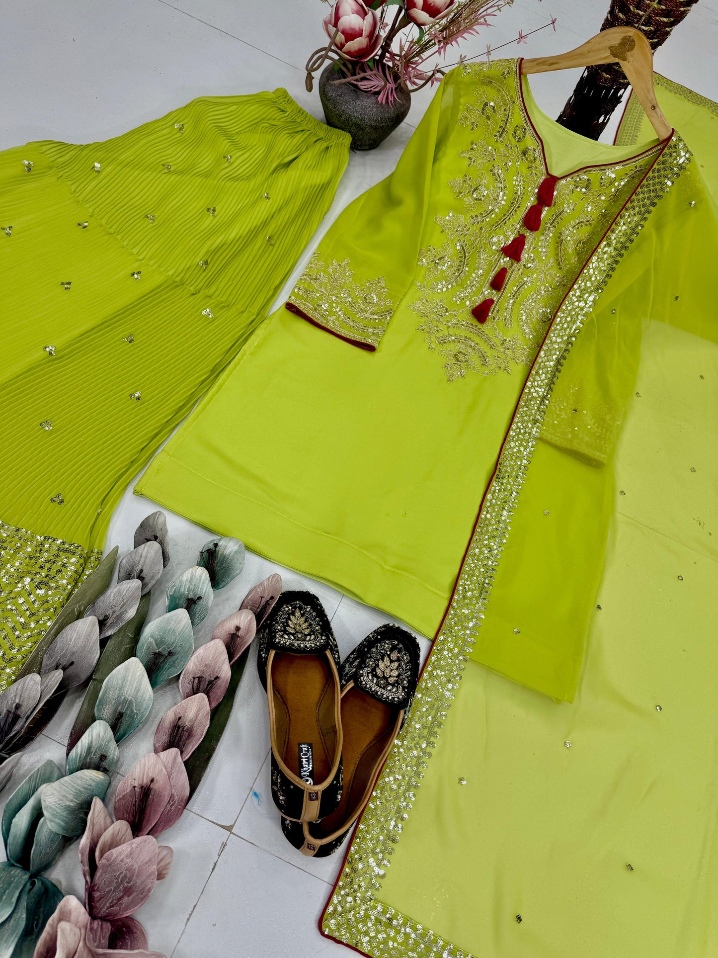 Women’s olive green sharara set featuring coding sequin work and fancy latkan detailing – WishTown Fashion Club