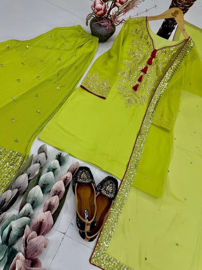 Women’s olive green sharara set featuring coding sequin work and fancy latkan detailing – WishTown Fashion Club