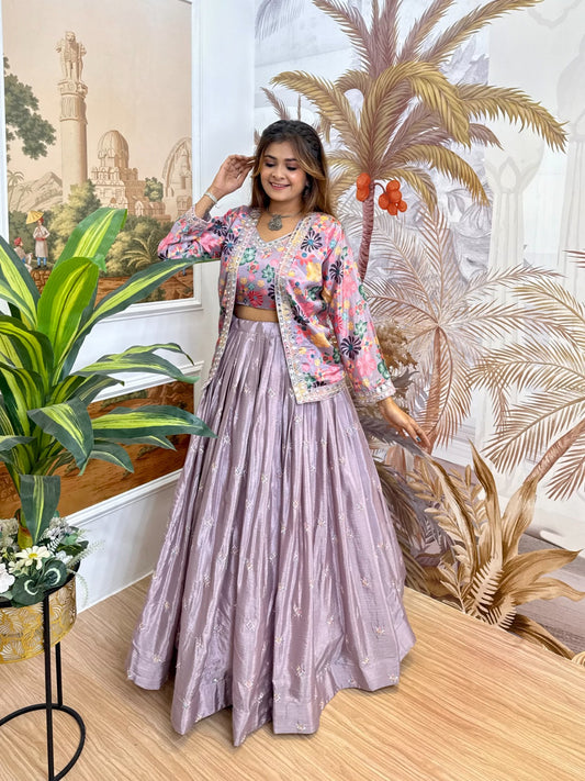 Lavender pure chinon heavy embroidered lehenga with stitched blouse and matching koti – WishTown Fashion Club