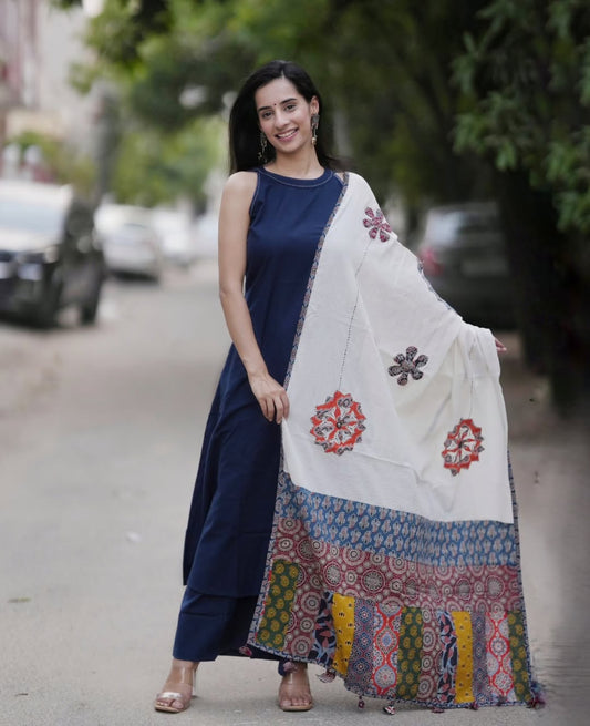 Navy handloom cotton A-line halter neck kurti set with palazzo and mulmul dupatta front view - WishTown Fashion Club