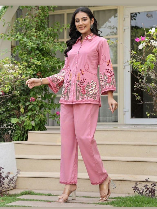 Elegant pink embroidered cotton flex top and bottom co-ord set, breathable and fully stitched for comfortable styling – WishTown Fashion Club