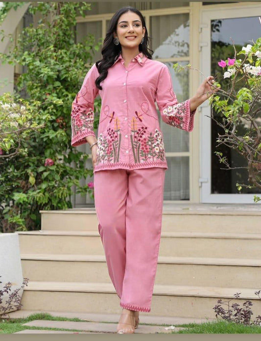 Pink cotton flex co-ord set with heavy embroidery work, premium showroom-quality two-piece outfit for daily and festive wear – WishTown Fashion Club