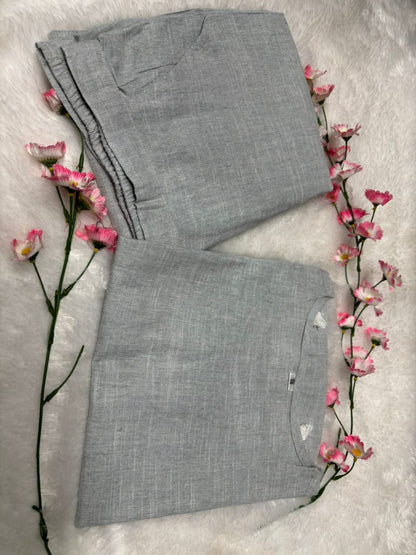 Lightweight gray cotton co-ord set with soft lace work and practical palazzo with two side pockets – WishTown Fashion Club
