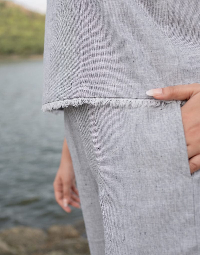 Graceful gray two-piece cotton co-ord set featuring lace embellishment and comfortable slub palazzo – WishTown Fashion Club