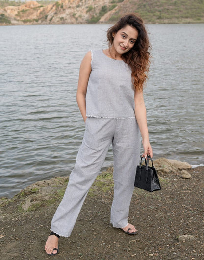 Gray South cotton co-ord set with lace-detailed top and cotton slub palazzo featuring side pockets, lightweight all-season outfit – WishTown Fashion Club