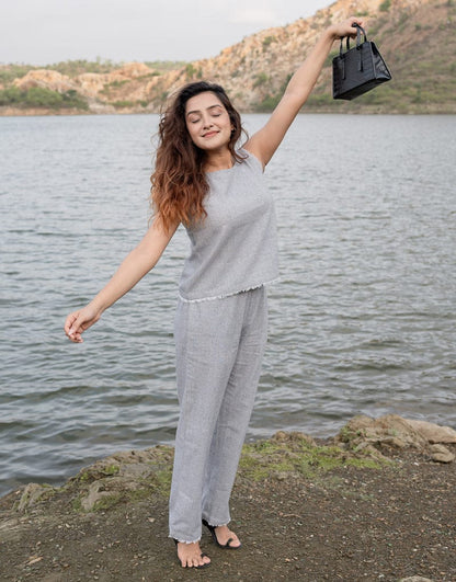 Elegant gray South cotton top with lace detailing paired with matching palazzo for stylish daily and travel wear – WishTown Fashion Club