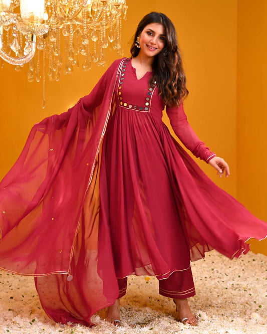 Dark pink rayon Anarkali kurti set with front embroidery, embroidered sleeves, rayon pant, and Nazneen dupatta with gotta lace – WishTown Fashion Club