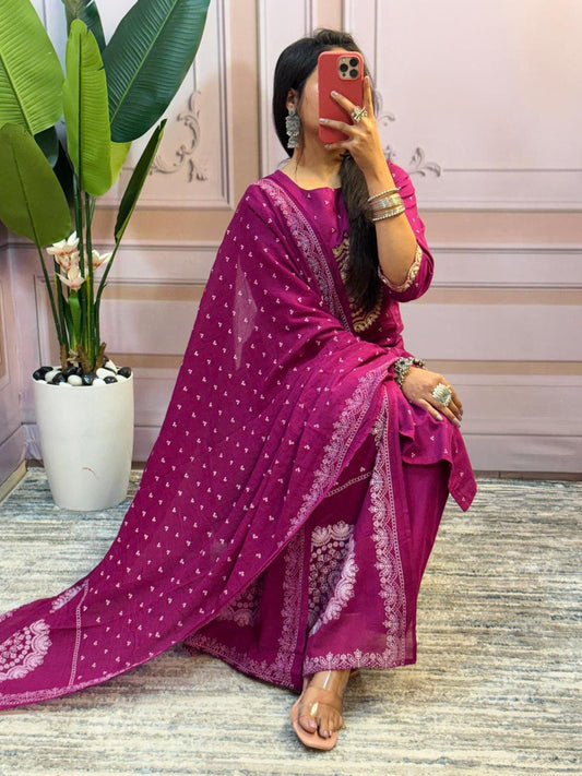 Elegant purple pure cotton kurti pant set with subtle embroidery and lightweight mulmul dupatta, office and casual wear – WishTown Fashion Club