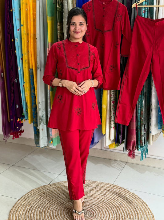 Red pure cotton embroidered co-ord set with stylish top and comfortable pants for festive wear – WishTown Fashion Club