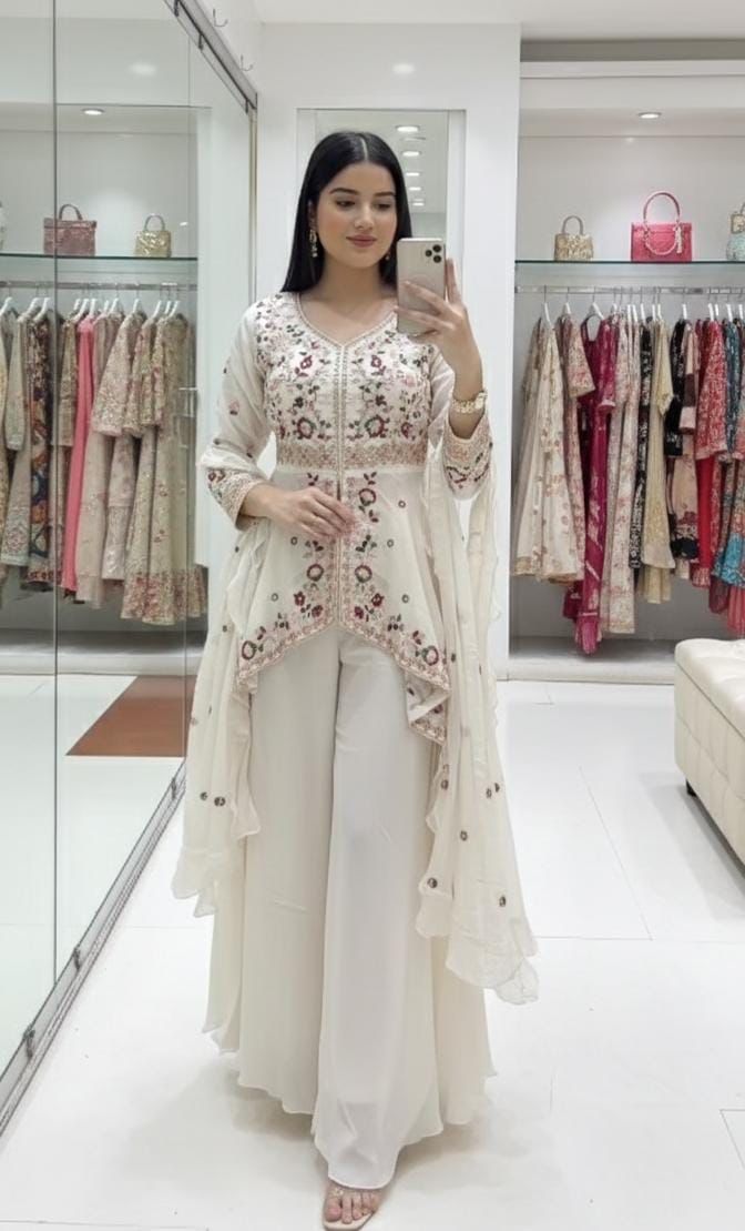 White Rangoli silk sequined embroidered top with matching stitched plazzo and dupatta for festive wear – WishTown Fashion Club