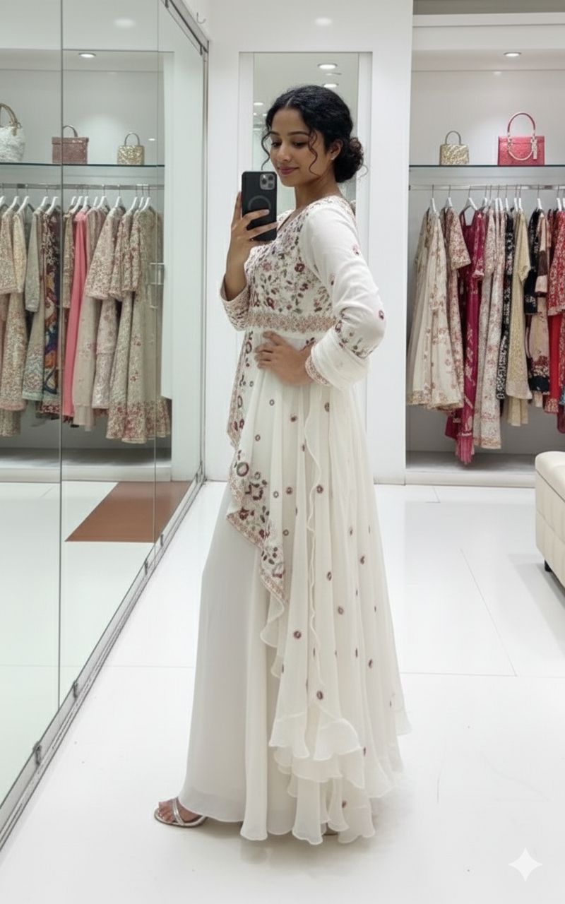 Elegant white three-piece party wear set featuring embroidered top, free-size plazzo and coordinated dupatta – WishTown Fashion Club