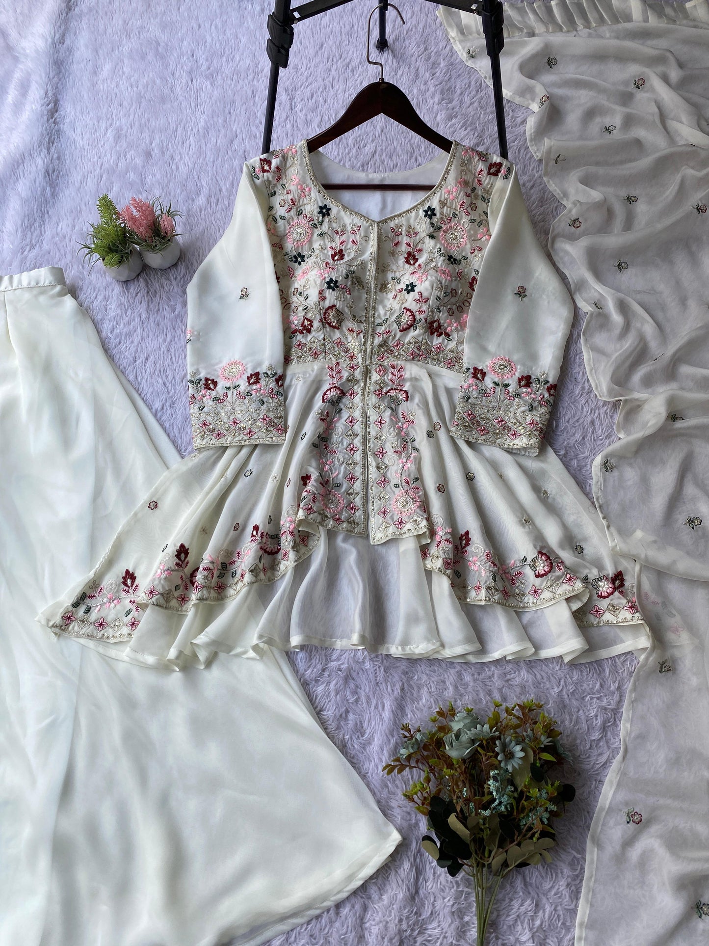 White wedding wear top-plazzo-dupatta set with graceful shine and intricately embroidered detailing – WishTown Fashion Club