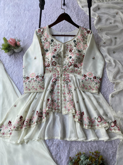 White shimmering Rangoli silk embroidered suit set perfect for weddings and celebrations – WishTown Fashion Club