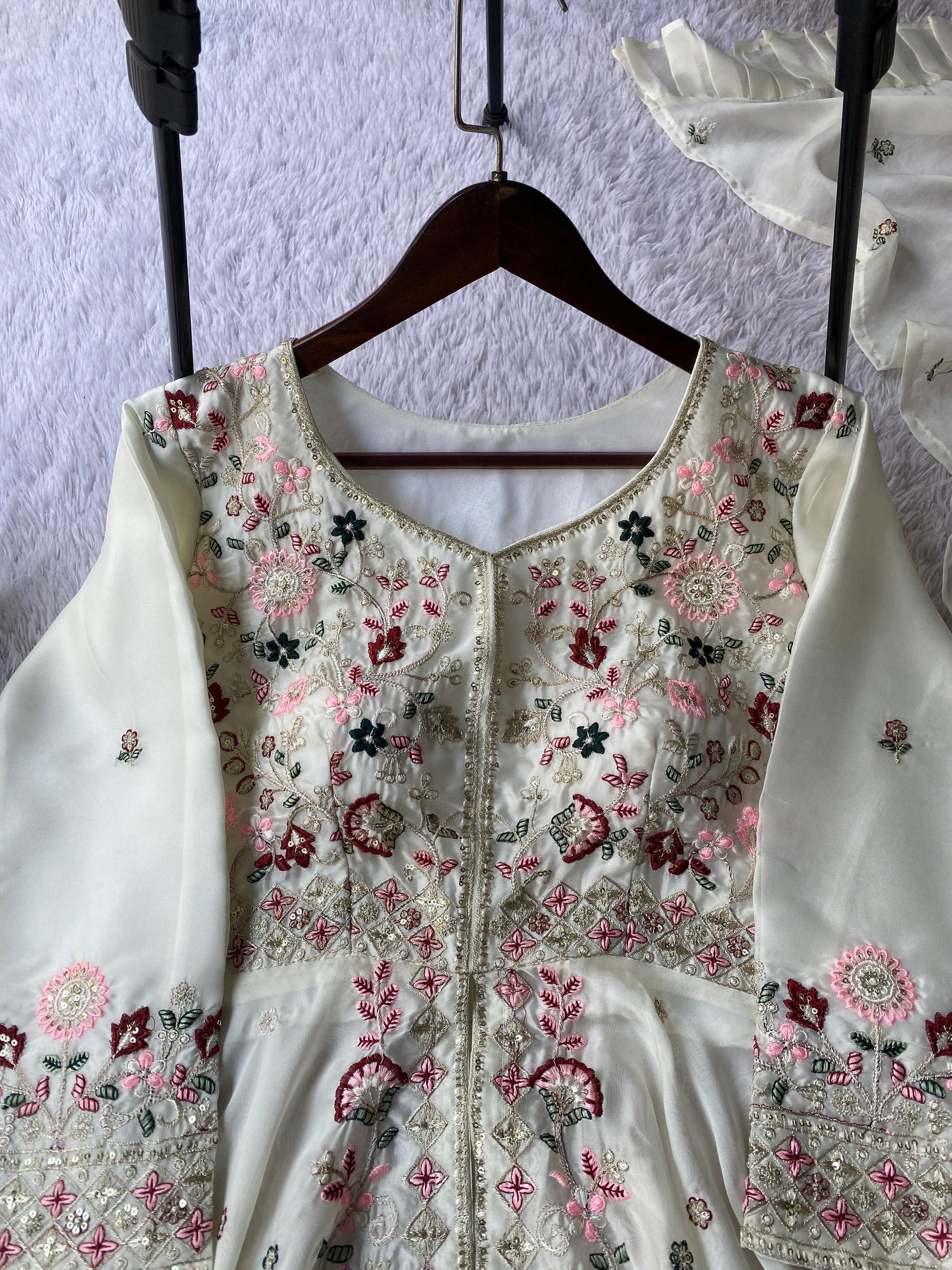 White traditional festive ensemble with embroidered top, matching plazzo and elegant dupatta – WishTown Fashion Club